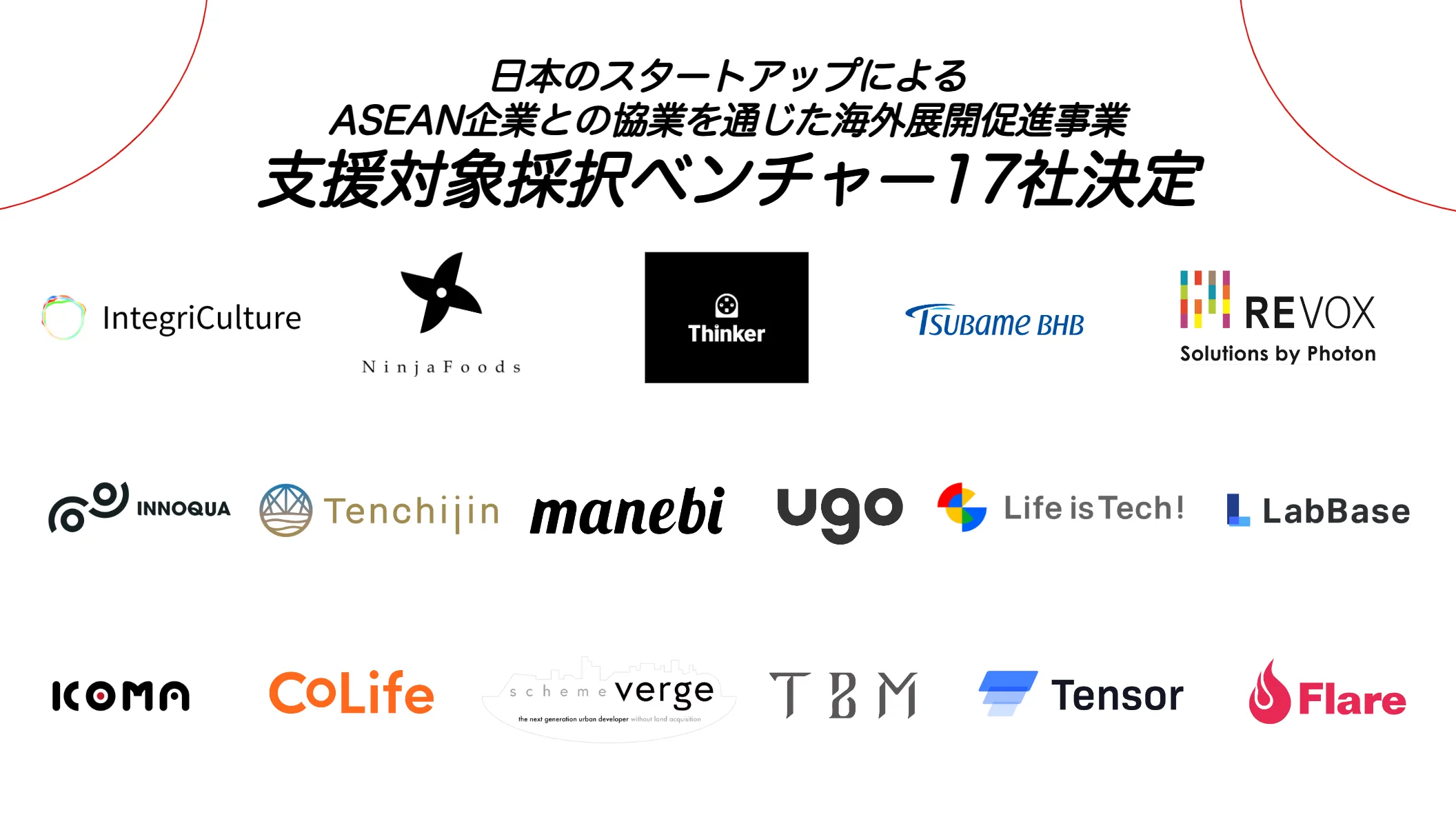 ASEAN展開支援対象ベンチャー17社のロゴ一覧